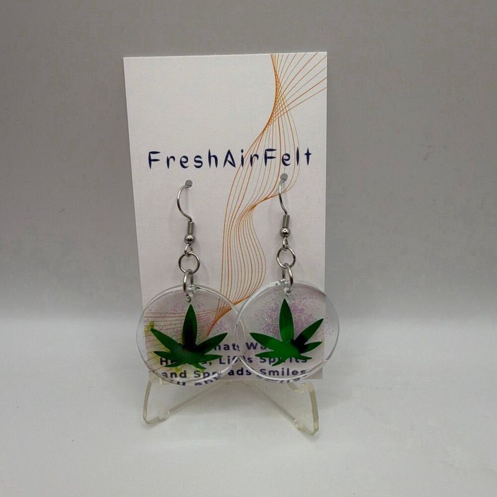 Stoner, grass sparkle Unique hand crafted Resin Stainless drop steel earrings